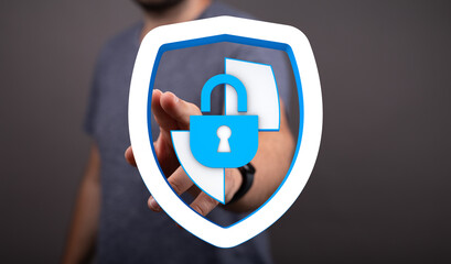 Concept of cybersecurity, data protection and digital security featuring a hand pointing towards a shield and padlock symbol. Illustr