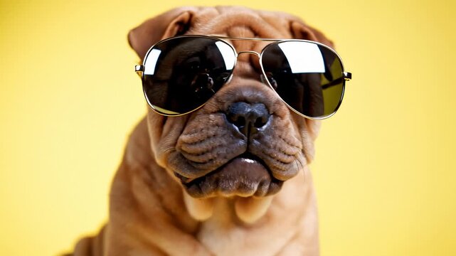 Shar Pei Dog Wearing Sunglasses and Posing on Yellow Background