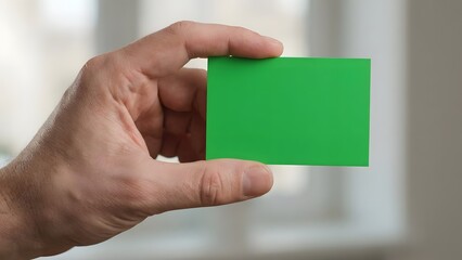 Hand Holding Green Card in Front of Window.