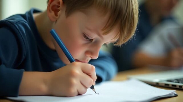 Video A young boy holds a piece of paper and writes with a pen, focusing on his creative expression