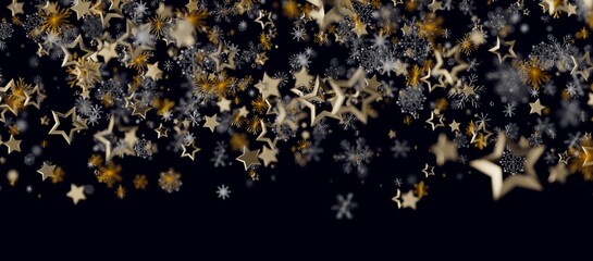 Festive and elegant abstract background featuring gold stars and snowflakes floating on a dark backdrop. Perfec