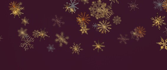 Abstract and elegant winter background features falling golden snowflakes against a rich burgundy backdrop. Perf