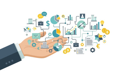 Business finance icons. Hand holding various business symbols. Vector illustration of business and finance elements on white background. Business concept. Financial icons set.