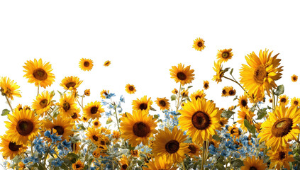 Sunflowers and blue flowers in a field