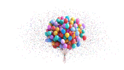 Colorful balloons clustered in a 3D explosion