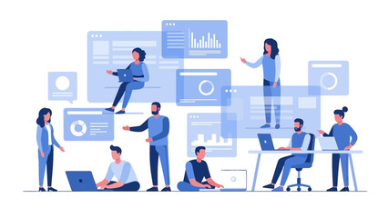 Business people working with digital devices. Office workers using laptops and tablets. Team collaboration with graphs and charts. Vector illustration of employees on white background.