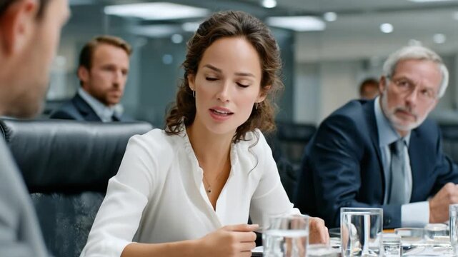 Focused Discussion: Capturing a pivotal moment within a meeting room, a focused woman, surrounded by her colleagues, takes charge, conveying expertise.