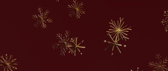 Abstract festive background with golden snowflakes against a dark red backdrop. Perfect for Christmas cards, hol