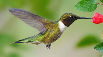 Fototapeta premium hummingbird. A hummingbird hovers near a red flower, its wings moving fast against a green background. wildlife magazines, conservation campaigns, designed for nature documentaries and education.