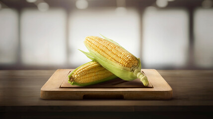 Fresh corn on a wooden cutting board, highlighting natural sweetness, fiber, and essential nutrients. A healthy ingredient for cooking, grilling, and wholesome meal preparation.