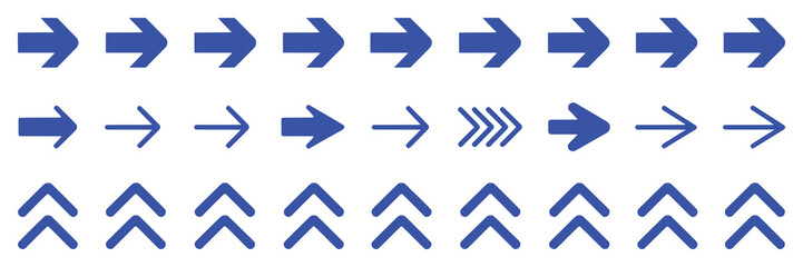 Collection of Blue Arrows Pointing Right and Upward in Rows