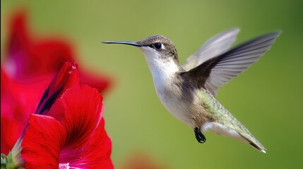 Obraz premium hummingbird. A hummingbird hovers near a red flower, its wings moving fast against a green background. wildlife magazines, conservation campaigns, designed for nature documentaries and education.