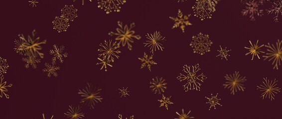 Abstract design of golden snowflakes falling on a deep maroon backdrop perfect for Christmas or winter themes, g