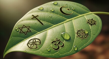 Green leaf with symbols of different religions and water droplets, interfaith concept.