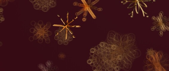 Dreamy artistic snowflakes in warm gold tones against a rich maroon background. Perfect for holiday themes, eleg