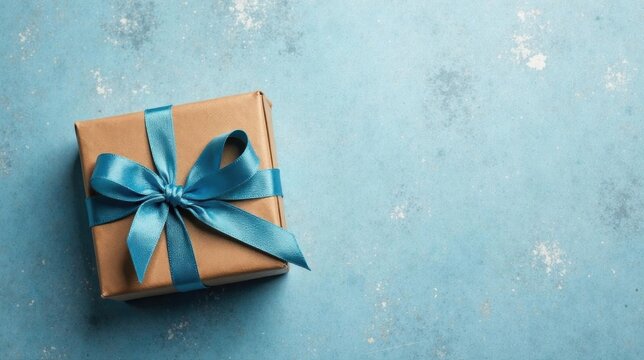 A thoughtfully wrapped gift box with a vibrant blue ribbon, resting on a subtly textured pale blue surface; perfect for conveying sentiments of celebration or appreciation.