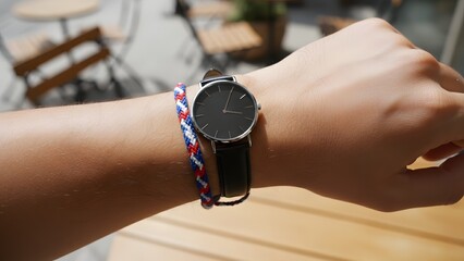 Close-up of Person Wearing Smartwatch and Colorful Bracelet.