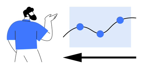 Data analysis concept. Data trends with curved graph line and dots, abstract male figure pointing at chart. Data analysis for business strategy, statistics, reports, education