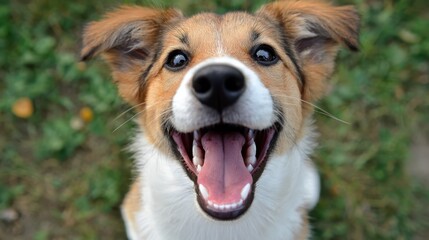 Dog sits on grass with wide smile and bright eyes, enjoying a sunny day outdoors with a friendly expression and playful demeanor