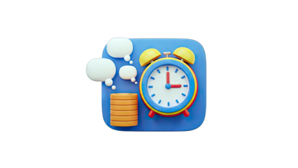 3D Alarm Clock with Thought Bubbles and Coins - Time Management Concept