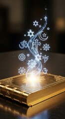 Open golden book emitting light with symbols of different religions, faith concept.