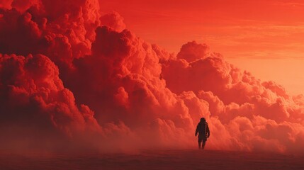 Astronaut walking in clouds during sunset overlooking a vast red sky on another planet