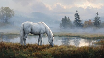A white horse grazes near a calm water body surrounded by trees in a misty landscape during early morning