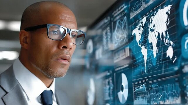 Focused Vision: An analytical man intently examines complex data visualized on multiple digital screens, the scene underscores the importance of information-driven decision-making. 
