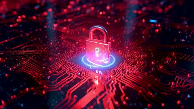 Glowing red digital padlock hovering above circuit board in futuristic cybersecurity visualization