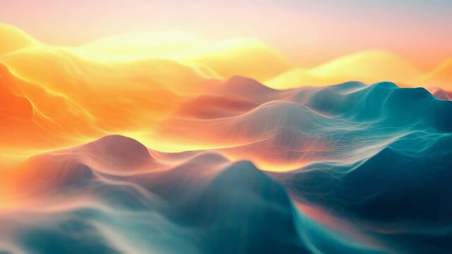 Abstract digital rendering showing flowing and glowing wave like shapes in harmonious shades of teal and orange, creating an ethereal and surreal landscape