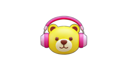 3D Bear Head Listening to Music with Headphones on White Background