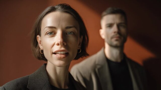 Confident Duo: A portrait of a woman and a man, radiating confidence and focus, captured against a simple backdrop, embodying a modern, professional aesthetic.