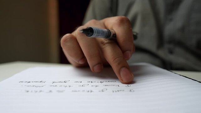 Close-up of a person writing on a lined notebook with a pen