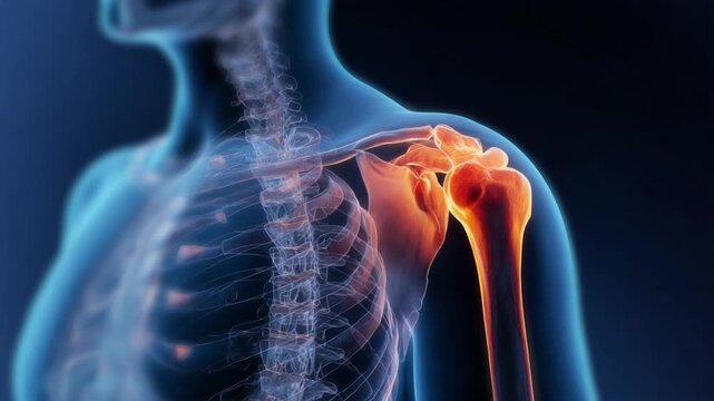 Human Shoulder Anatomy: A detailed, illuminated illustration of the human shoulder joint, showcasing the intricate skeletal and joint structures. The image highlights the anatomy of the shoulder.