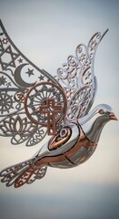 Dove with religious symbols, representing interfaith harmony, unity, and world peace.