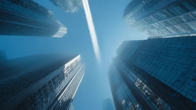 Cityscape Spectacle: A low-angle shot captures the majestic grandeur of towering skyscrapers against a bright, clear sky, highlighting modern architectural marvels.