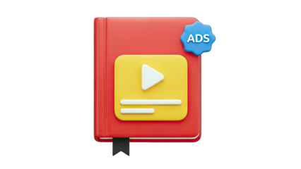 3D Book with Video Button and Ads Icon - Digital Marketing Concept