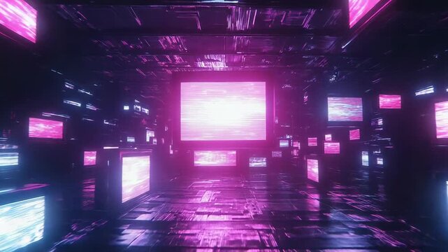 Sci fi digital tunnel featuring glowing screens and monitors displaying vivid pink and blue glitched data, creating a futuristic technology concept with a distinct retro aesthetic
