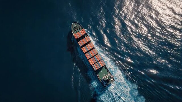 Navigating the Azure: A cargo ship cruises through the vast, open ocean. A symbol of global trade and maritime movement.