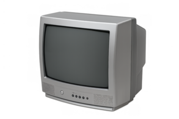 Old gray crt television with a retro design, featuring a blank screen and vintage aesthetics, isolated on a transparent background