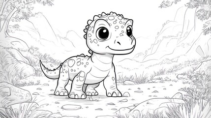 Cute, stylized dinosaur illustration, standing on a rocky path amidst a scenic landscape.  The dinosaur has large, expressive eyes and a friendly smile