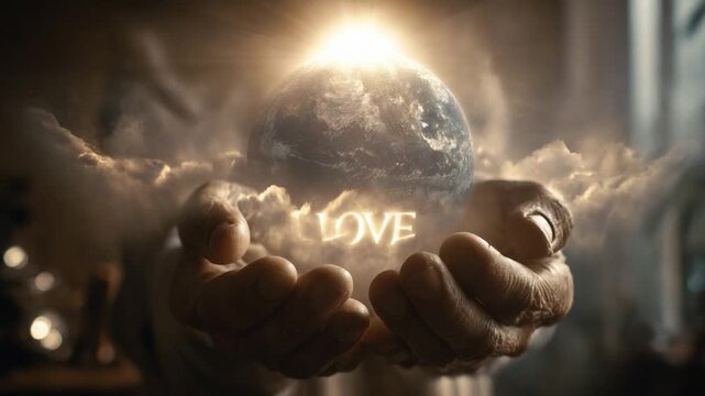 Embrace of the Earth: In a symbolic embrace, hands gently cradle a luminous Earth, the word LOVE inscribed in ethereal light. A breathtaking composition evoking unity, peace.