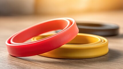 Close up of red and yellow resistance bands on a wooden floor