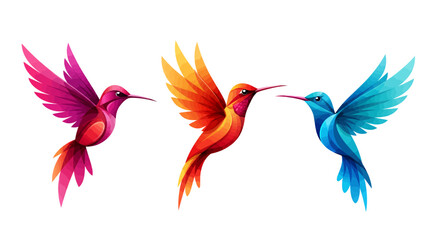 Fototapeta premium Trio of Vibrant Hummingbirds: Dynamic Stylized Illustrations in Shades of Pink, Orange, and Blue, Capturing Birds in Energetic Flight
