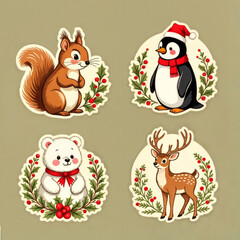 Naklejka premium Cute Christmas Animals Stickers Set – Squirrel, Penguin, Polar Bear and Deer Illustration