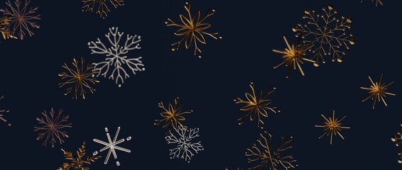 Stunning abstract winter design with gold and silver snowflakes scattered on a dark blue background. Perfect for holiday