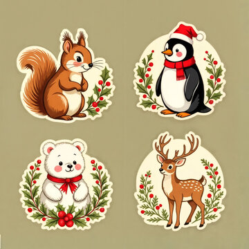 Cute Christmas Animals Stickers Set &ndash; Squirrel, Penguin, Polar Bear and Deer Illustration