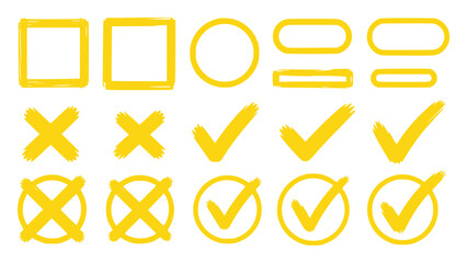Collection of Yellow Checkmarks, Crosses, and Shapes on White Background © Pretty-Stock