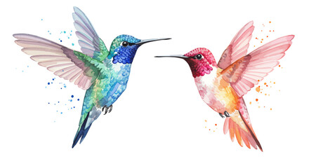 Watercolor Hummingbirds in Flight: A Vibrant Pair of Blue and Pink Avian Art with Ethereal Paint Splashes