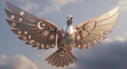 Dove with religious symbols on wings symbolizing interfaith dialogue and tolerance.